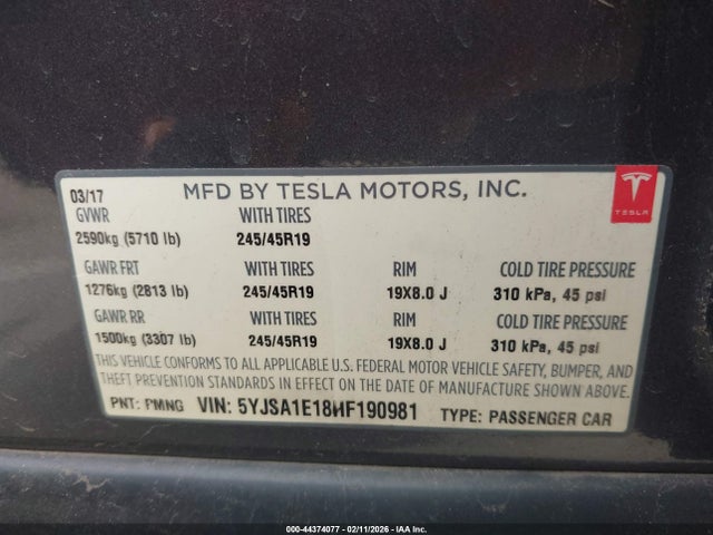 Aukcja sprzedaży 2017 Tesla Model S 60/75, vin: 5YJSA1E18HF190981, numer aukcji: 44374077
