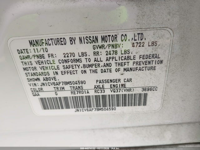 Продаж на аукціоні авто 2011 Infiniti G37 Journey, vin: JN1CV6AP7BM504590, номер лоту: 44374132