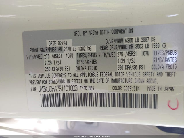 44374147 :رقم المزاد ، JM3KJDHA7S1101003 vin ، 2025 Mazda Cx-70 Phev Premium Package مزاد بيع
