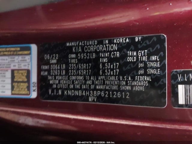 44374176 :رقم المزاد ، KNDNB4H38P6212612 vin ، 2023 Kia Carnival Mpv Lx Seat Package مزاد بيع