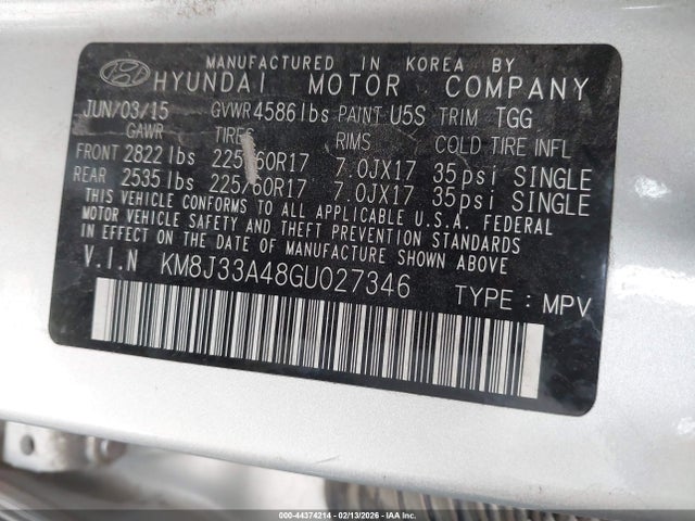 KM8J33A48GU027346 Hyundai TUCSON SE
