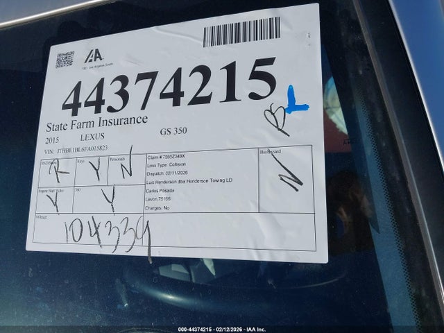 Продажа на аукционе авто 2015 Lexus Gs 350, vin: JTHBE1BL6FA015823, номер лота: 44374215