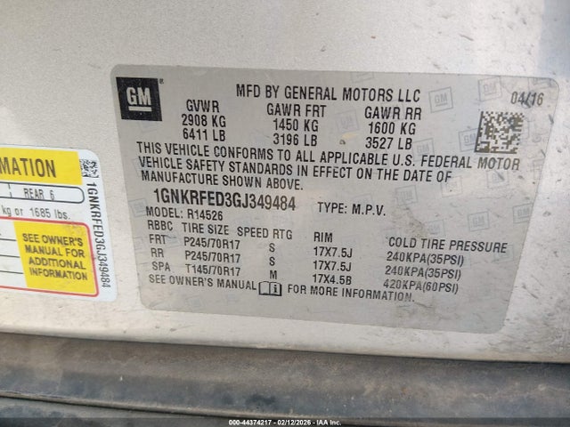 44374217 :رقم المزاد ، 1GNKRFED3GJ349484 vin ، 2016 Chevrolet Traverse Ls مزاد بيع