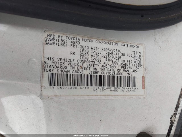 44374281 :رقم المزاد ، JT6HF10U7Y0131066 vin ، 2000 Lexus Rx 300 مزاد بيع