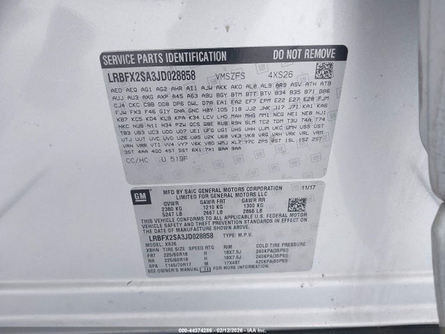 2018 Buick Envision Essence მანქანა იყიდება აუქციონზე, vin: LRBFX2SA3JD028858, აუქციონის ნომერი: 44374286
