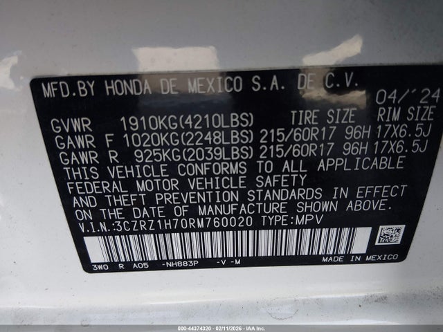 2024 Honda Hr-v 2wd Ex-l/2wd Ex-l W/o Bsi მანქანა იყიდება აუქციონზე, vin: 3CZRZ1H70RM760020, აუქციონის ნომერი: 44374320