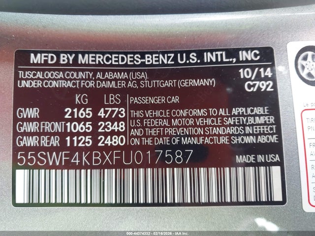 2015 Mercedes-benz C 300 Luxury 4matic მანქანა იყიდება აუქციონზე, vin: 55SWF4KBXFU017587, აუქციონის ნომერი: 44374332
