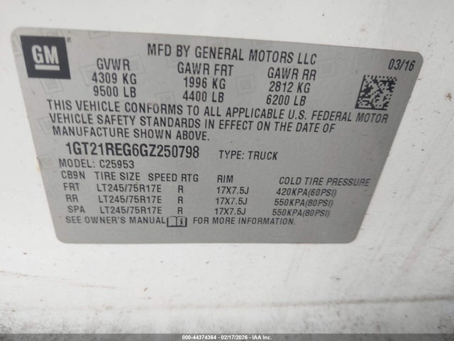 Aukcja sprzedaży 2016 Gmc Sierra 2500hd, vin: 1GT21REG6GZ250798, numer aukcji: 44374364