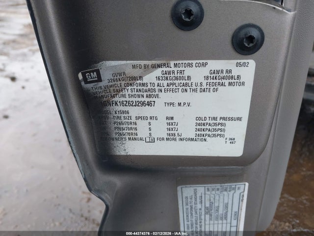 Aukcja sprzedaży 2002 Chevrolet Suburban 1500 Lt, vin: 1GNFK16Z62J296467, numer aukcji: 44374376