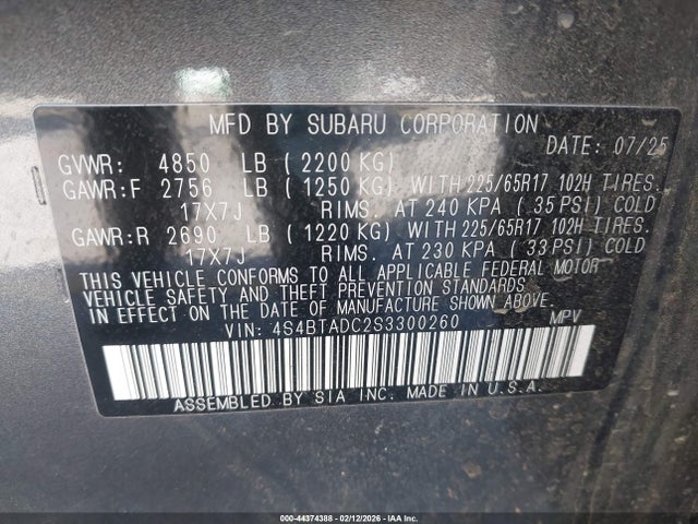 44374388 :رقم المزاد ، 4S4BTADC2S3300260 vin ، 2025 Subaru Outback Premium مزاد بيع