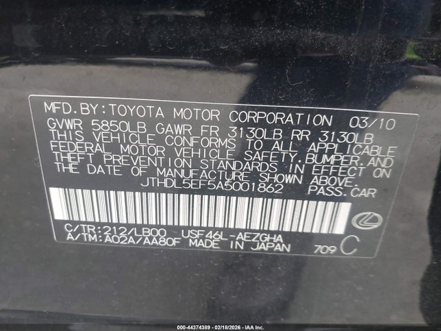 Aukcja sprzedaży 2010 Lexus Ls 460 L, vin: JTHDL5EF5A5001862, numer aukcji: 44374389