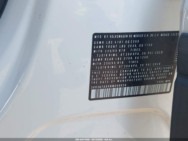 Продаж на аукціоні авто 2022 Volkswagen Tiguan 2.0t Se, vin: 3VV3B7AX4NM046626, номер лоту: 44374395