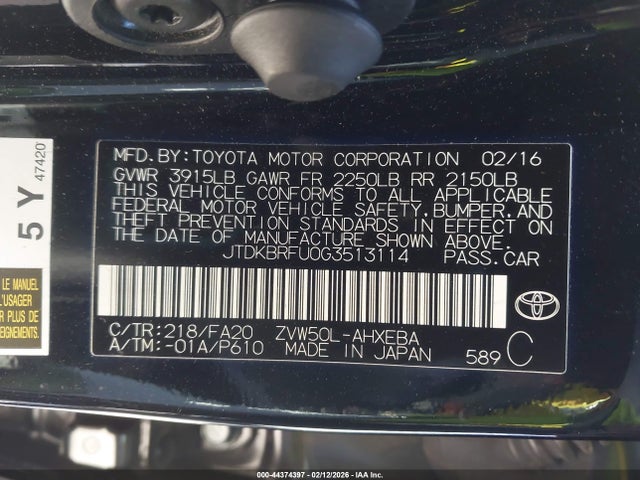 JTDKBRFU0G3513114 Toyota Prius Two