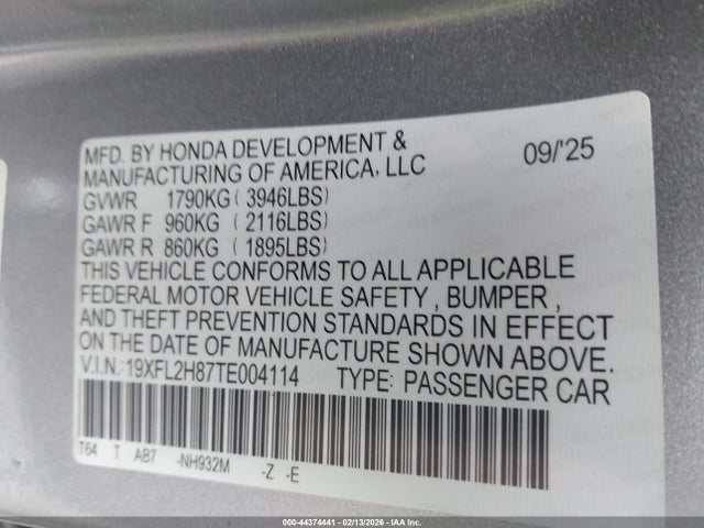 44374441 :رقم المزاد ، 19XFL2H87TE004114 vin ، 2026 Honda Civic Sport مزاد بيع