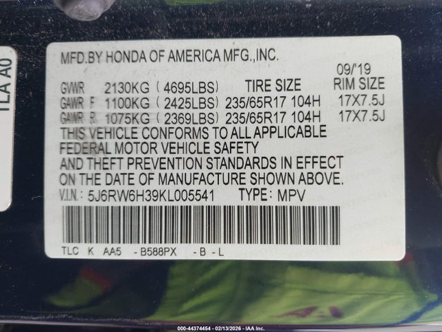 Honda CR-V LX 2019 5J6RW6H39KL005541 Image 9