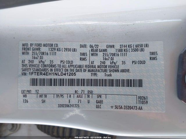 Продаж на аукціоні авто 2022 Ford Ranger Xl, vin: 1FTER4EH1NLD41205, номер лоту: 44374478