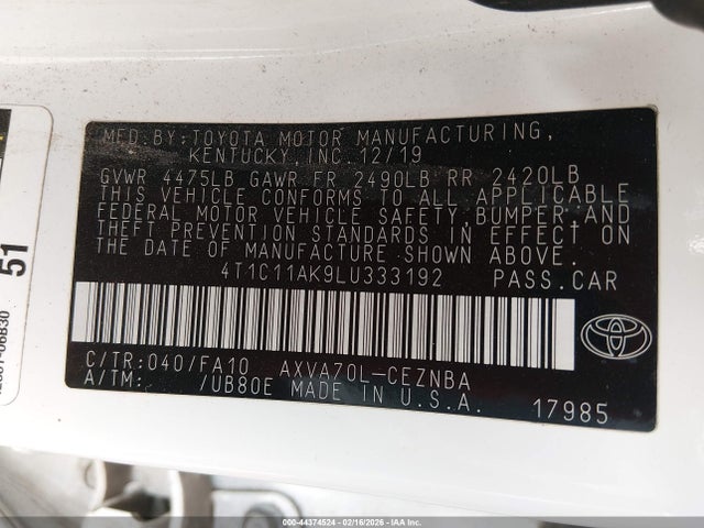4T1C11AK9LU333192 Toyota CAMRY LE