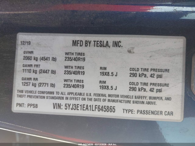 Продаж на аукціоні авто 2020 Tesla Model 3, vin: 5YJ3E1EA1LF645865, номер лоту: 44374526