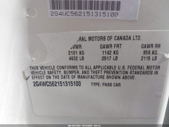 44374530 :رقم المزاد ، 2G4WC562151315100 vin ، 2005 Buick Lacrosse Cx مزاد بيع