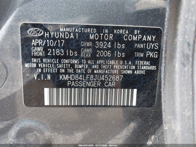 Продажа на аукционе авто 2018 Hyundai Elantra Sel/value/limited, vin: KMHD84LF8JU452687, номер лота: 44374538