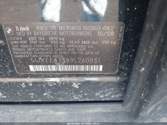 44374546 :رقم المزاد ، 5UXFE43589L260831 vin ، 2009 Bmw X5 Xdrive30i مزاد بيع