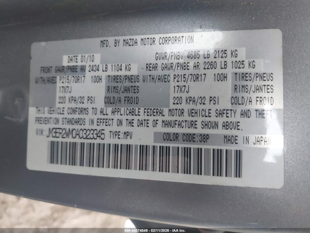 44374549 :رقم المزاد ، JM3ER2WM0A0323345 vin ، 2010 Mazda Cx-7 I Sport مزاد بيع