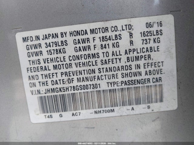 JHMGK5H78GS007301 Honda FIT EX