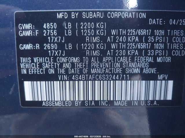 Продаж на аукціоні авто 2025 Subaru Outback Premium, vin: 4S4BTAFC6S3244711, номер лоту: 44374556
