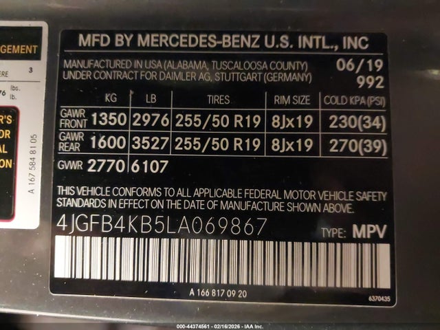 44374561 :رقم المزاد ، 4JGFB4KB5LA069867 vin ، 2020 Mercedes-benz Gle 350 4matic مزاد بيع