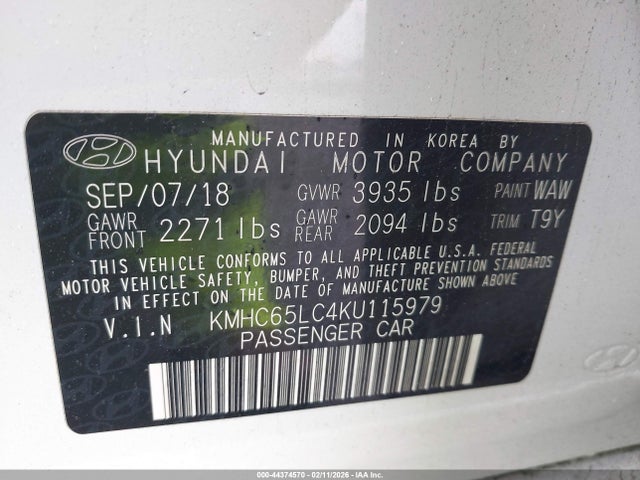 KMHC65LC4KU115979 Hyundai Ioniq Hybrid Blue