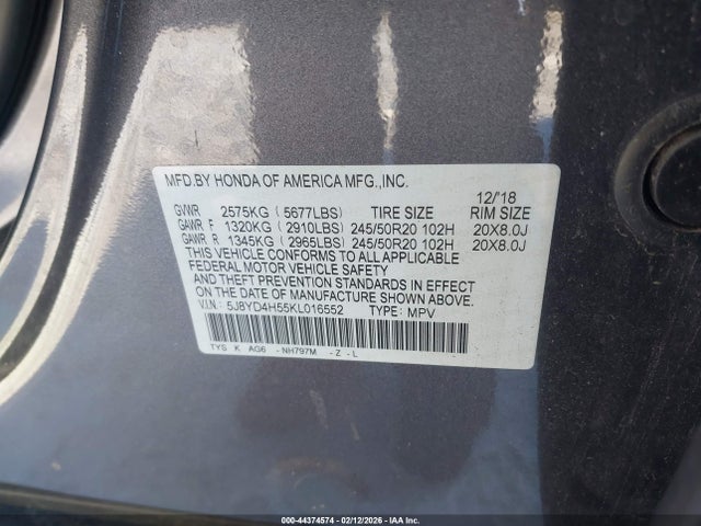 Продаж на аукціоні авто 2019 Acura Mdx Tech Pkg, vin: 5J8YD4H55KL016552, номер лоту: 44374574