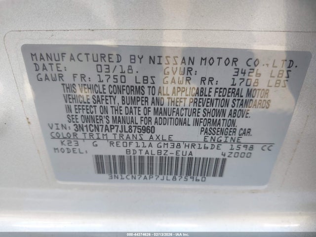 3N1CN7AP7JL875960 Nissan Versa 1.6 Sv
