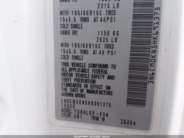 44374686 :رقم المزاد ، 3N6CM0KN5HK691375 vin ، 2017 Nissan Nv200 Sv مزاد بيع