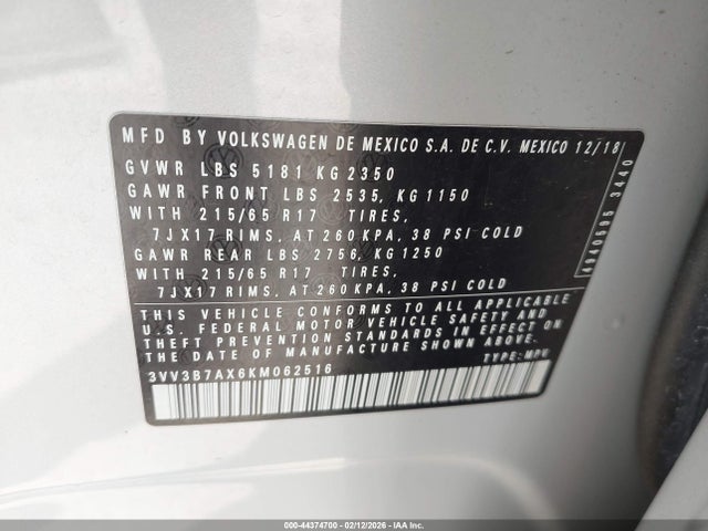 3VV3B7AX6KM062516 Volkswagen Tiguan 2.0t Se/2.0t Sel/2.0t Sel R-line/2.0t Sel R-line Black