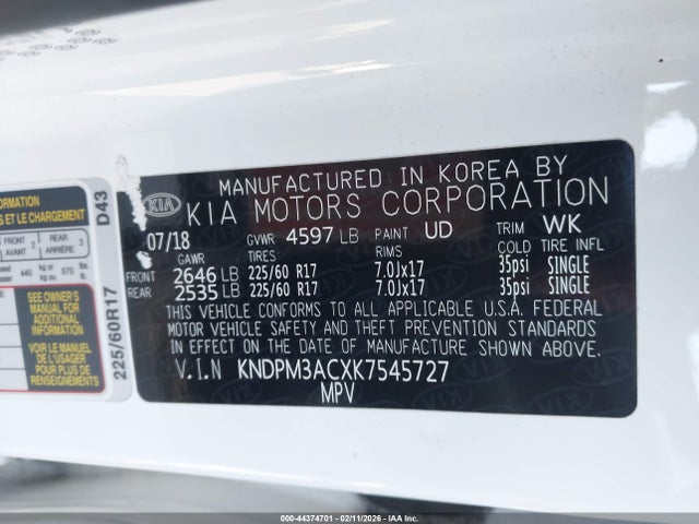KNDPM3ACXK7545727 KIA Sportage Lx