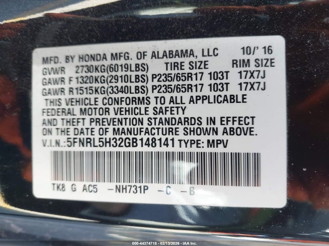 5FNRL5H32GB148141 Honda ODYSSEY SE
