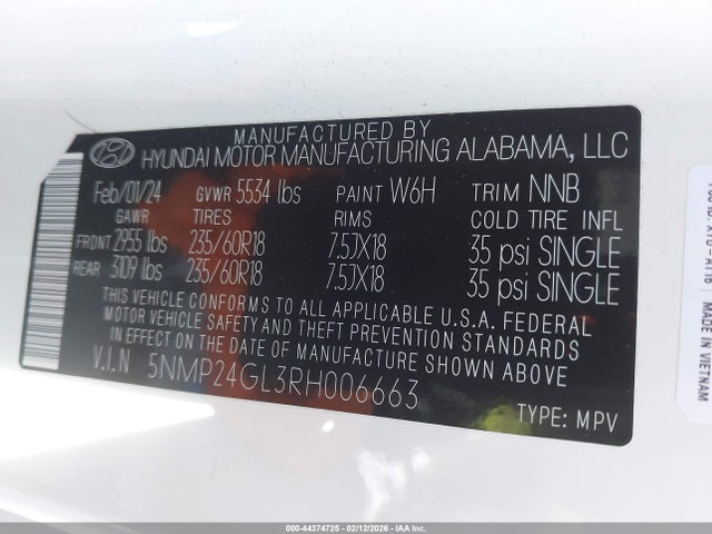 5NMP24GL3RH006663 Hyundai Santa Fe Sel