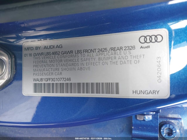 WAUB1GFF3G1077246 Audi S3 2.0t Premium Plus