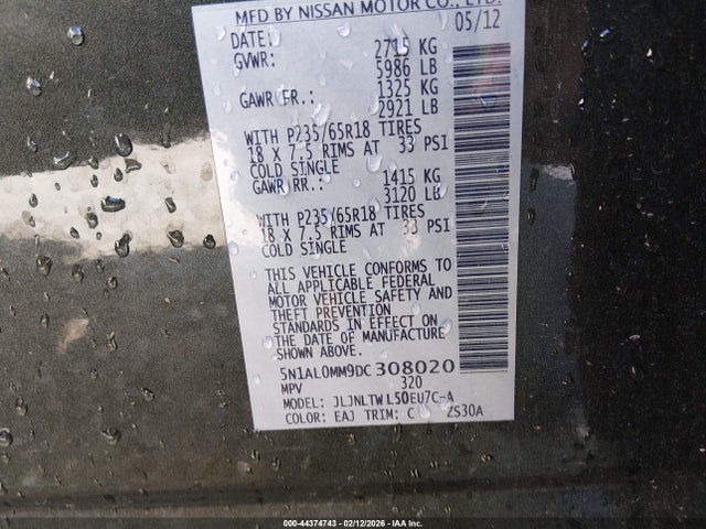 44374743 :رقم المزاد ، 5N1AL0MM9DC308020 vin ، 2013 Infiniti Jx35 مزاد بيع