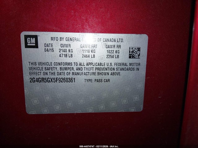 Auction sale of the 2015 Buick Regal Turbo Premium Ii, vin: 2G4GR5GX5F9260361, lot number: 44374747