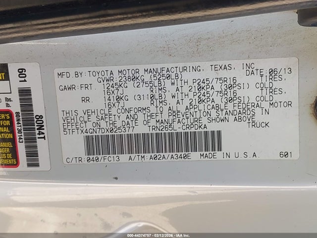 44374757 :رقم المزاد ، 5TFTX4GN7DX025377 vin ، 2013 Toyota Tacoma Prerunner مزاد بيع