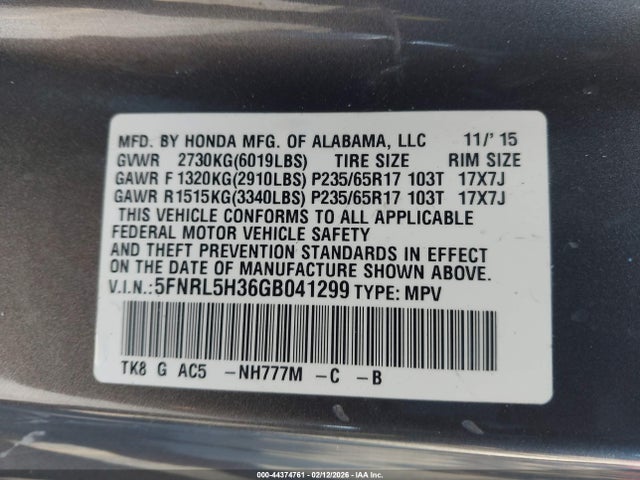 5FNRL5H36GB041299 Honda ODYSSEY SE