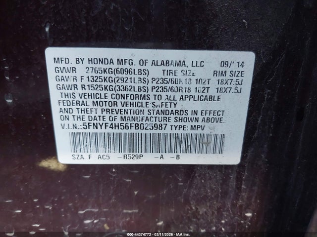 Honda Pilot Ex-l 2015 5FNYF4H56FB025987 Image 9