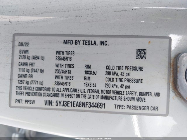 2022 TESLA MODEL 3 5YJ3E1EA8NF344691 Photo 8