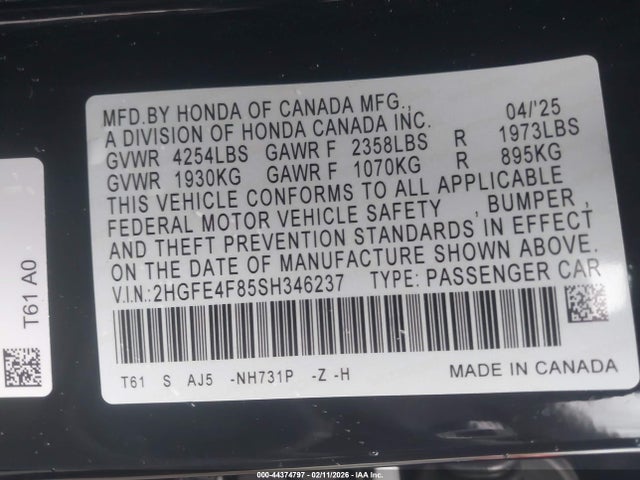 2HGFE4F85SH346237 Honda Civic Hybrid Sport/sport Touring