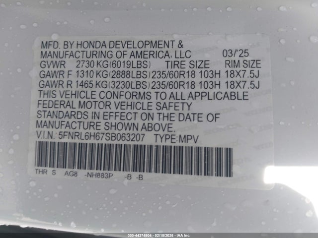 Honda Odyssey Ex-l 2025 5FNRL6H67SB063207 Image 9