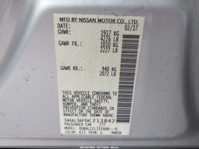 1N4AL3AP3HC213842 Nissan Altima 2.5 Sv
