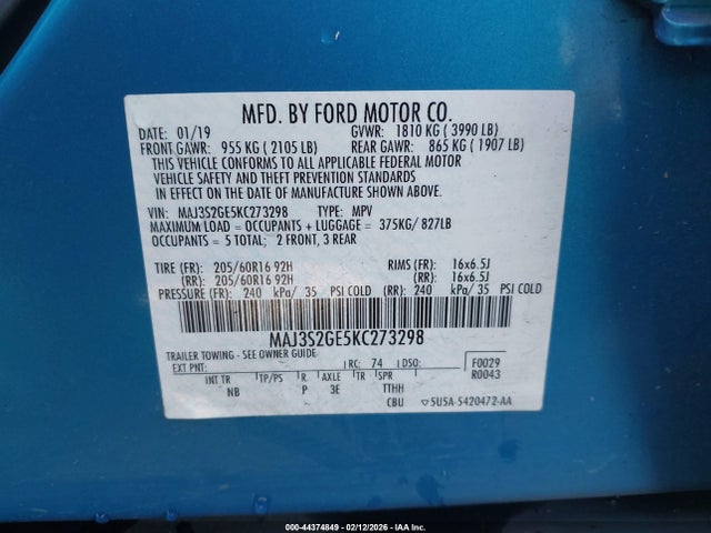 44374849 :رقم المزاد ، MAJ3S2GE5KC273298 vin ، 2019 Ford Ecosport Se مزاد بيع
