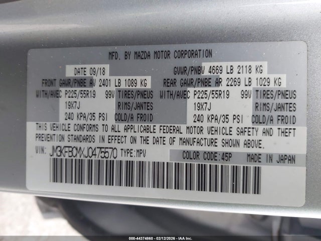 44374860 :رقم المزاد ، JM3KFBCMXJ0475570 vin ، 2018 Mazda Cx-5 Touring مزاد بيع