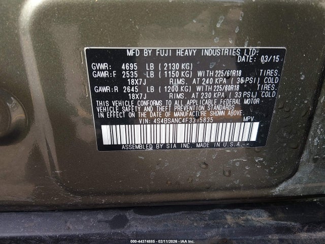 2015 Subaru Outback 2.5i Limited მანქანა იყიდება აუქციონზე, vin: 4S4BSANC4F3315835, აუქციონის ნომერი: 44374885